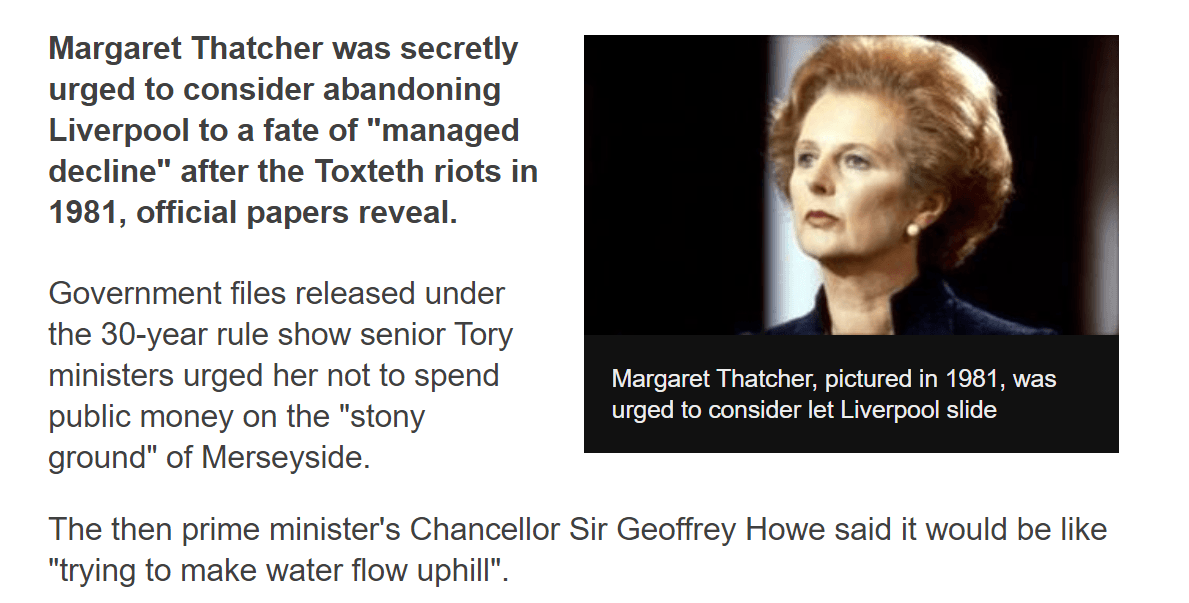Margaret Thatcher was secretly urged to consider abandoning Liverpool to a fate of "managed decline" after the Toxteth riots in 1981, official papers reveal.