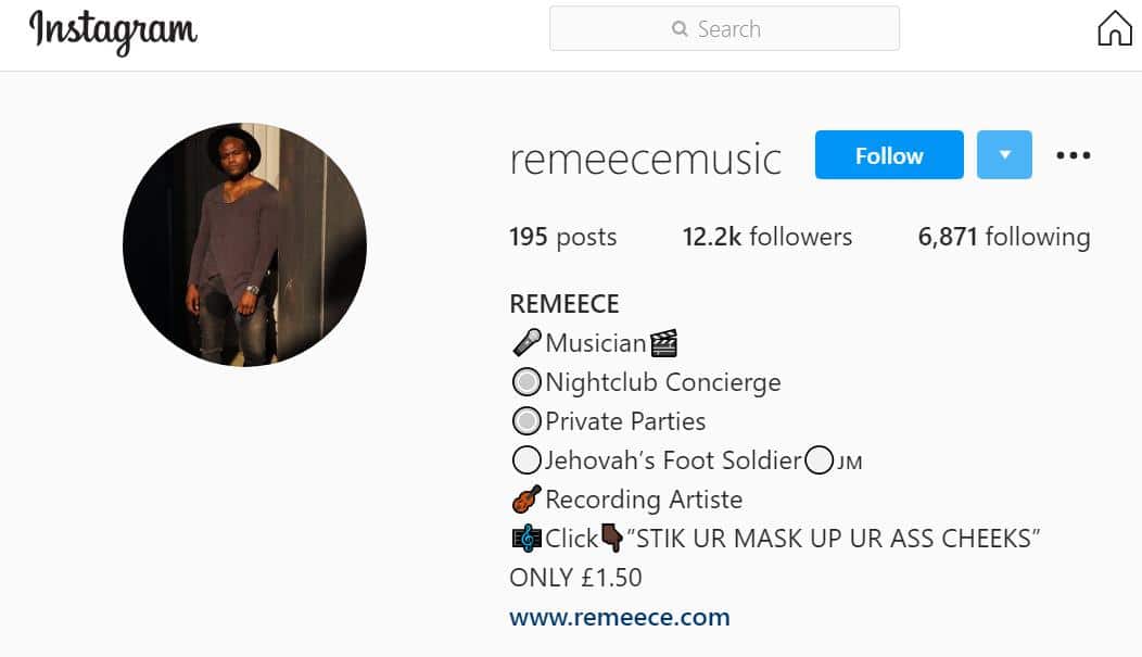 Here is another Instagram account belonging to Edward Freeman aka RemeeceMusic