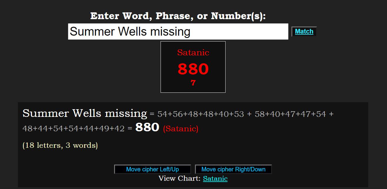 'Summer Wells Missing', is 880 in the Satanic tab